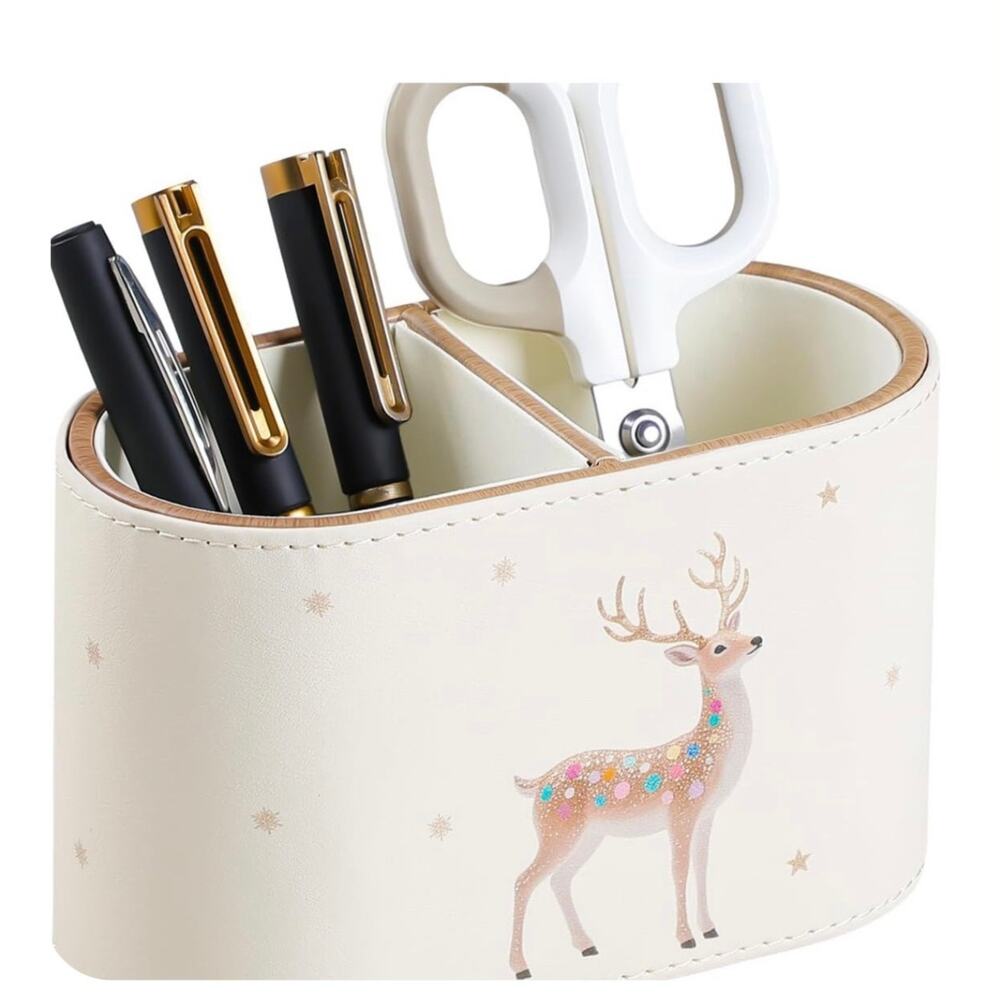 NWT Christmas Pen Holder PU Leather Pencil Holder w/Reindeer